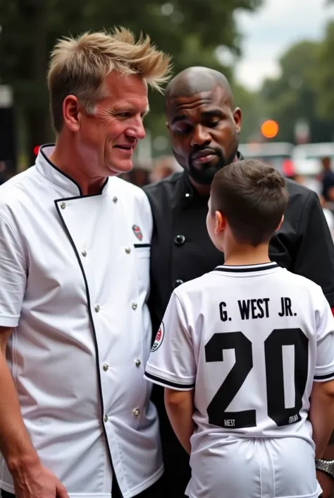 Gordon Ramsay and Kanye west taking a couple picture with their son at the front but his back is facing the camera and on the back of jersey it says "G. West Jr" Gordon Ramsay is wearing his chef outfit while Kanye west has a neutral expression on his face