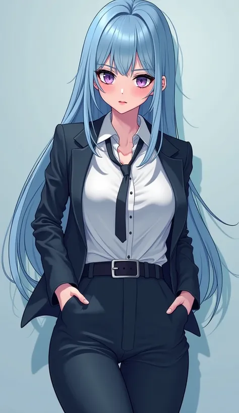 A girl (appearance:  Light blue hair, violet eyes, pale skin, pear-shaped body ,  voluptuous) ( Apparel: Sexy office uniform) ( full body view)  illustration, 4K comic,  Precise,  super detailed ,  high details,  high definition, Chiaroscuro 