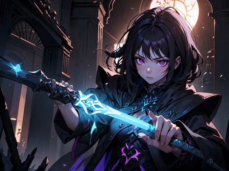 ((masterpiece, best quality, 8k))A captivating artwork of a darkly enchanting female character in a shadowy, magical setting. She wears dark and magical clothes in black and purple, perfectly matching her mysterious aura. Her short black hair and crimson e...