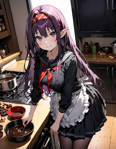 yuukikonno, Konno Yuuki, Red Hairband ,  long hair,   Pointed Ears ,  purple hair,  red eyes,smile,blush, mouth,Black sailor suit, black mini skirt, black pantyhose, ruffle apron,Mixing melted chocolate in a bowl , heart-shaped cookie molds and chocolate t...