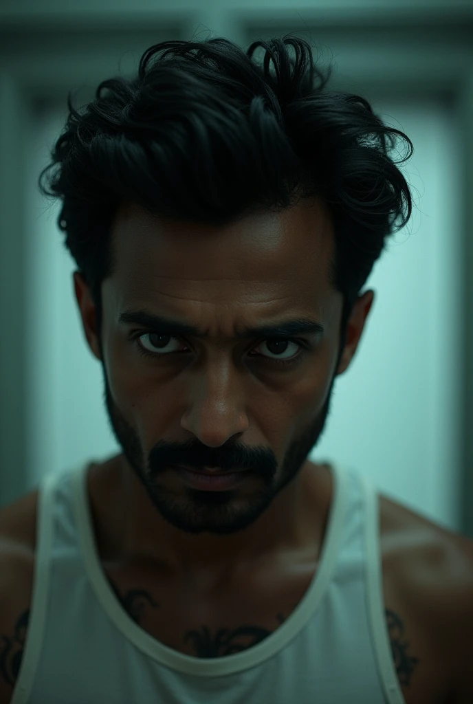 "A close-up of Ramesh's ear, with a faint, eerie sound wave in the background. His eyes are narrowed, and his eyebrows are furrowed in concern. He's wearing a white sleeveless vest