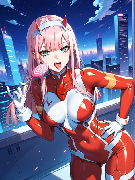 artist:kesoshirou,  best quality, highres, absurdres, detailed, beautiful background, cityscape, cyberpunk, neons, colorful, night, zero two \(darling in the franxx\), lollipop, holding lollipop,  open mouth, tongue out, contrapposto, style, bodysuit, (sal...