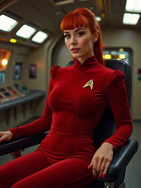 Female starship captain retro red velvet catsuit long red hair tied back full bodied curvy figure commanders seat code red ship is under attack & ship is taking on to much damage take us to light speed get us out of here HURRY!!!!!