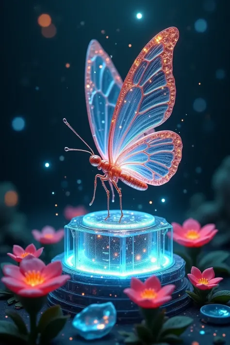 A transparent butterfly emerged from its metal pupa floating on a glass platform.  Its wings first unfold ,  is made of transparent crystals ， refracts a rainbow-like light in all directions .  liquid drops of light falling from its wings ，When the wings s...