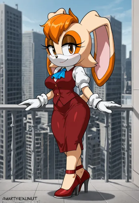 Vanilla The Rabbis. masterpiece, best quality, vanilla the rabbit, brown eyes, animal nose, sonic the hedgehog (series), short hair, orange hair, white gloves, looking at viewer, standing, red high heels, rabbit girl, medium breasts, breasts, sonic the hed...