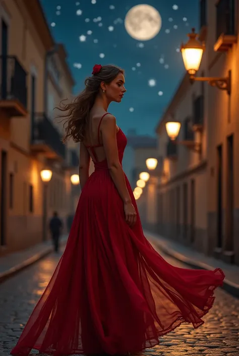 • Background:  Starry night with a half-full moon ,  gives an aura of romance and mystery .  There is a gentle blur for a dreamy effect .
	•	Main Subject:  A girl dressed in red satin or dress flowy ,  standing in the middle of a cobbled street in an old t...