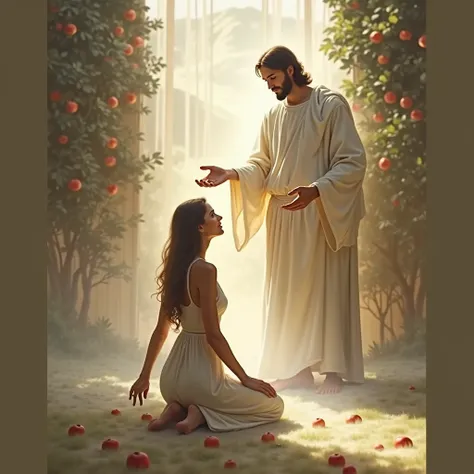 Image of Jesus in the center of the picture with a woman taking care her apple and peach tree
