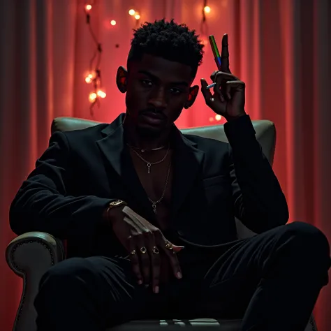 A black boy drip in fashion sitting on a chair with his back facing the camera up in a room smoking and showing a finger on a rainbow