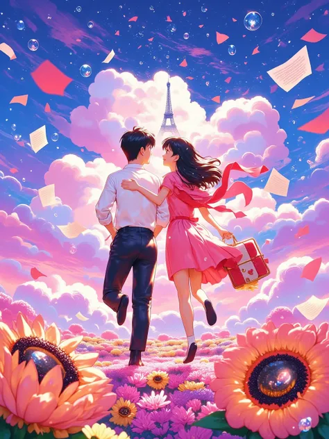 Post-impressionist strokes sakura fall algorithm, cobalt & sakura pink gradients. Anime couple running through Starry Night swirls, girl's scarf trails Shinkai-style petals, boy's bag spills Sunflower seed paths. Cloud reflections mimic Garden of Words rai...