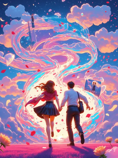 Post-impressionist strokes sakura fall algorithm, cobalt & sakura pink gradients. Anime couple running through Starry Night swirls, girl's scarf trails Shinkai-style petals, boy's bag spills Sunflower seed paths. Cloud reflections mimic Garden of Words rai...