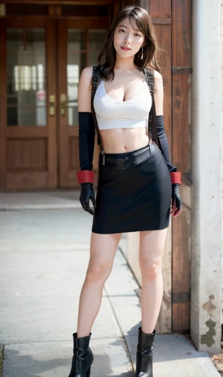 1girl, tifa ff7, red eyes, low-tied long hair, earrings, white crop top, suspenders, black miniskirt, pencil skirt, arm warmers, black elbow gloves, elbow pads, red gloves, red footwear, cleavage, colossal tits, (smiling:0.5)