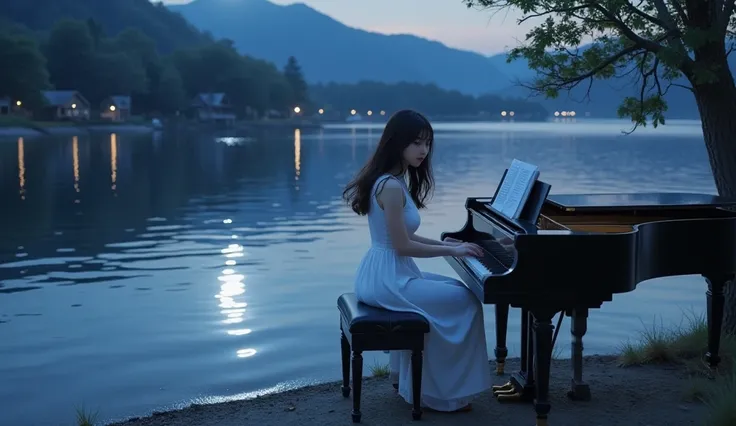  gentle breeze ，The night is quiet，A girl sits quietly in front of an open-air piano by the lake。She is wearing a pure white dress，The skirt flutters gently with the night wind，The shoulders are slightly exposed，Reflecting the soft moonlight，As if blending...