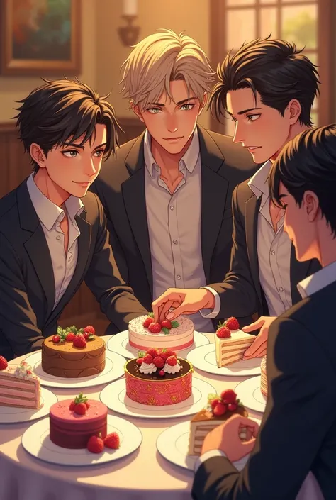 Tall, Boys, handsome, There's a lot of delicious cakes on the table, inside the restaurant. 