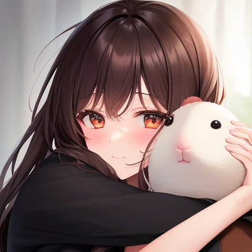 The warm embrace of a girl and her stuffed hamster. The girl is giving her cheeks to the stuffed hamster.