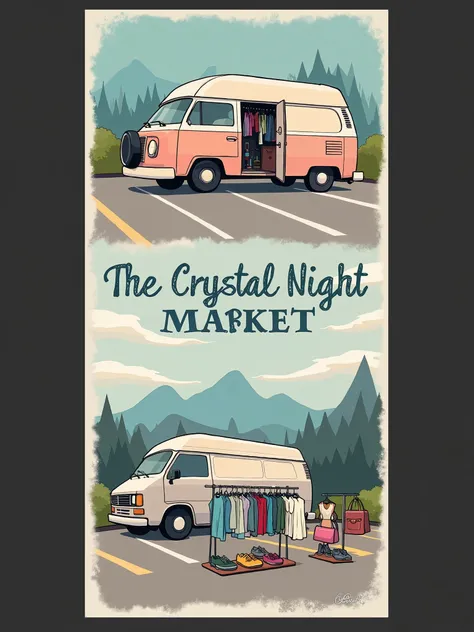  Parking lot of  , for sale fashion clothes ,  The clothes rail next to the van ,Supplies  , Beverages, The letter of the name "The Crystal Night Market" , As a market , Styroposter images , Illustration, Atmosphere from the original picture at night , of ...