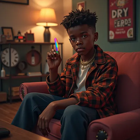 A black boy drip in fashion sitting on a chair with his back facing the camera up in a room smoking and showing a finger on a rainbow with music instruments all around