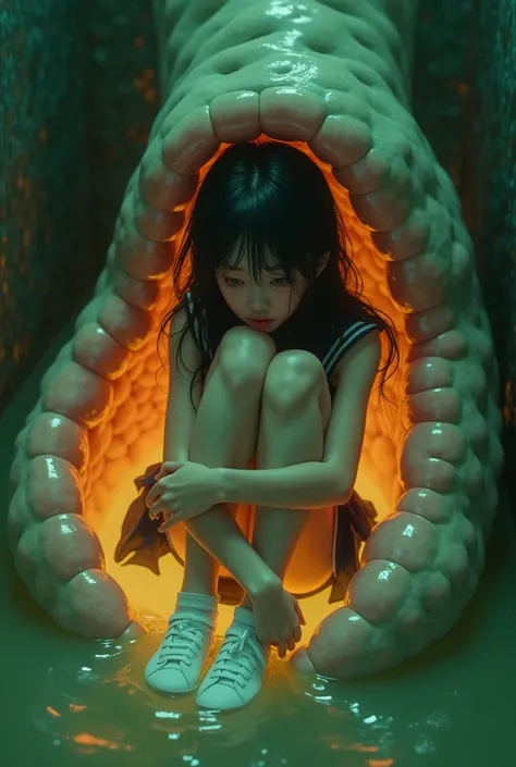 A 24-YEAR-OLD JAPANESE WOMAN WITH WET HAIR, WEARING A JAPANESE SAILOR MOON DRESS, A SHORT SKIRT, WEARING SOCKS AND JAPANESE STUDENT SHOES, AND CURLING HER ARMS AROUND HERSELF. TAKING A DEEP BREATH, SHE LOOKED SHOCKED AND FRIGHTENED WHEN INSIDE THE MONSTER'...