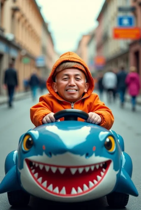  A hyper-realistic scene captured with the camera positioned exactly in the center of the composition.  A smiling and joyful **** is sitting in a car stylized in the shape of a shark ,  with a creative and detailed design .  The shark has a realistic and c...