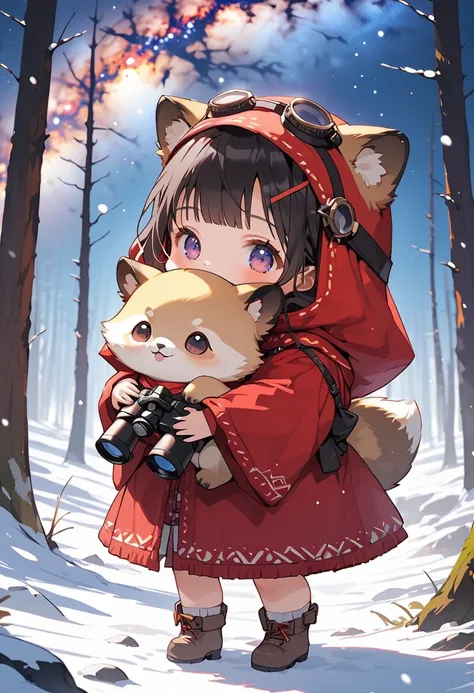 High detail, anime illustration style, masterpiece, ultra-definition, bright colors, pop style, (((Cute Animals' Warm hug))),fox and raccoon ,goggles, poncho, binoculars,In the forest, Snowy landscape, two Animals hugging each other, glowing red, heat, ste...