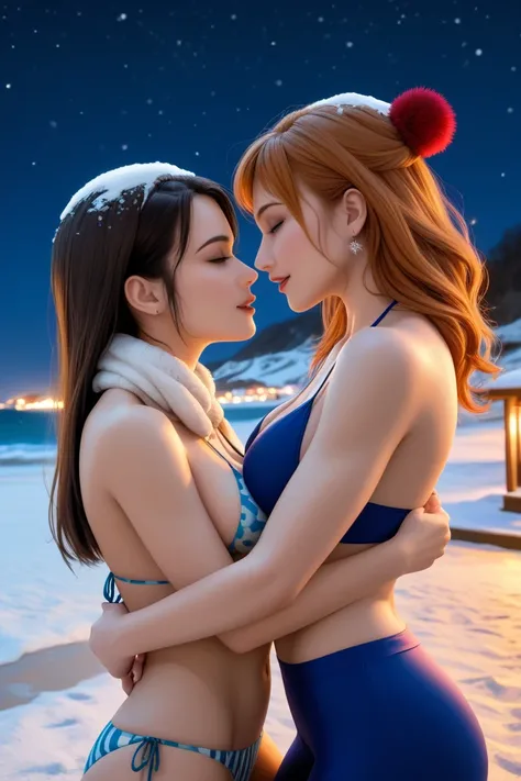 Warm Embrace, 2 women, winter, night, beach