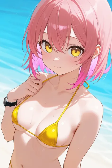  one girl、 pink hair,  two tone hair,  round yellow eyes on their own, boobs、 swimsuit、 micro bikini、 Watch Viewers 、sea