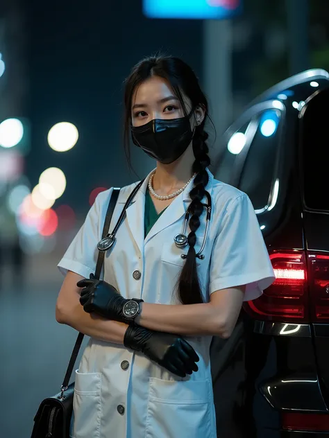 Night street image of Highly realistic Sexy bright light Korean dentist girl with black long single braided hair,wearing shiny skin face makeup, wearing black shiny leather gloves , wearing black tied waist black shiny black leather tied ribbon , carrying ...