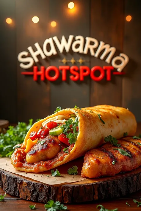 a high quality professional photo of a 3x6ft landscape design featuring mouth-watering shawarma with the name "shawarma hotspot", vibrant colors, detailed ingredients, appetizing presentation, artistic styling, large scale artwork, savory aroma, African La...