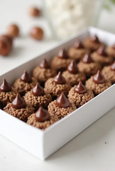 Brigadeiros wrapped in small pieces of chestnut with a drop of chocolate on top lined up in a white box 