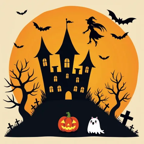 A Halloween graphic with castle, witch, ghost, pupkin. Orange and black theme. No text.