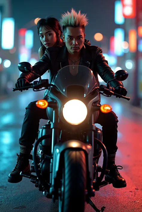 Indonesian punk-style guy with a rebellious look, spiky dyed hair and lots of piercings, wearing a tattered denim vest with patches, riding a high-performance motogp. His passenger, a beautiful Indonesian woman with a touch of the gothic, wearing tight lea...