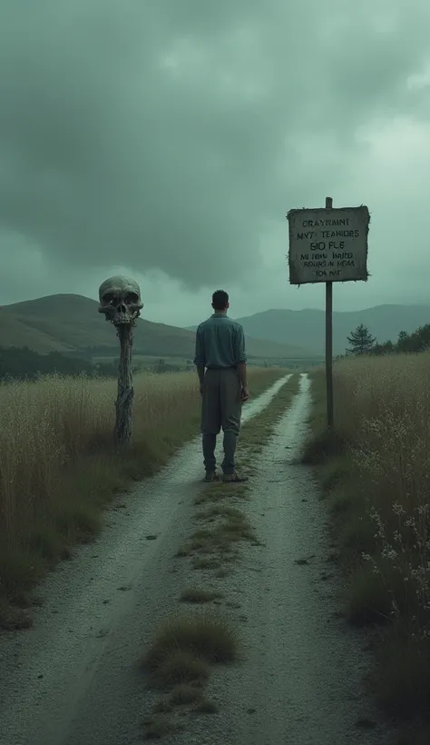 Create an image of a bifurcated path where a man is about to make a poor choice, Put up a sign indicating that it's a poor choice, Maybe the drawing of a skull pointing that way 