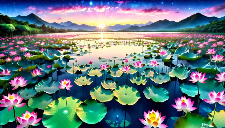 超 high image quality,  high image quality,  high quality , Spectacular Scenery , Magnificent Pure Land of Paradise ,(((A large group of huge and very beautiful lotus flowers that fill the surface of the lake))), ((( Beautiful Digital Painting 　眩い程Shine夕日))...