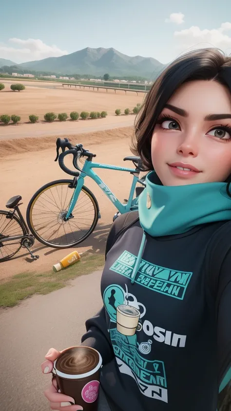 arafed woman in a black sweatshirt holding a cup of coffee, cycling!!, lorena avarez, instagram story, 🚿🗝📝, cottagecore!! fitness body, profile image, 👰 🏇 ❌ 🍃, bicycle in background, 🤬 🤮 💕 🎀, leaked, estefania villegas burgos, very very low quality picture...