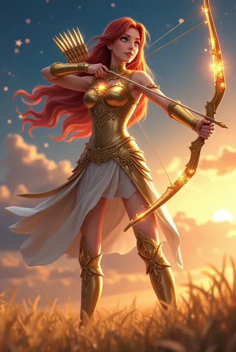 "4K anime style quality, digital drawing mode, a spirited female archer with long auburn hair and glowing silver eyes, dressed in sleek golden armor with celestial motifs, standing in a vast open field under a starry sky, her skin glowing with starlight, o...