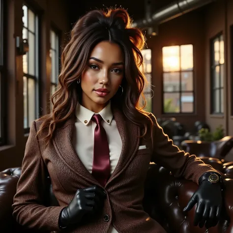 woman, straight brown hair, female mobster, mafia style, brown tweed 3-piece business suit with a white shirt and red tie, leather gloves, best quality, masterpiece, cocky smirk, looking at the viewer, lounging in an old leather couch while in a old abando...