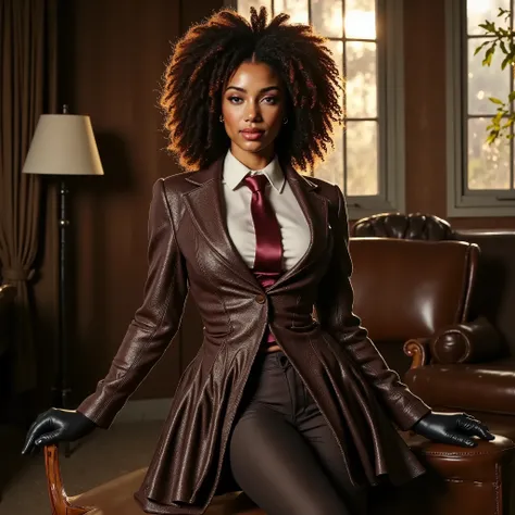 woman, straight brown hair, female mobster, mafia style, brown tweed 3-piece business suit with a white shirt and red tie, leather gloves, best quality, masterpiece, cocky smirk, looking at the viewer, lounging in an old leather couch while in a old abando...