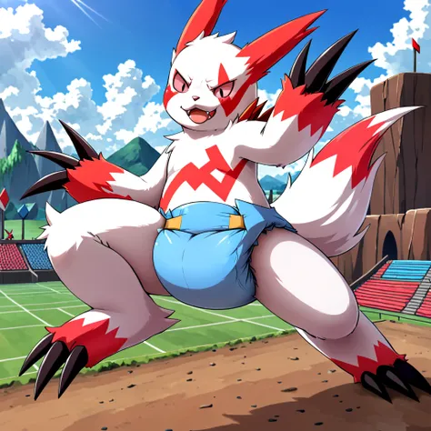 Zangoose, Pokémon, Solo, whole body, original pokemon design, jumps onto enemy, claws extended, battle arena landscape, white legs, white tail, thick diaper