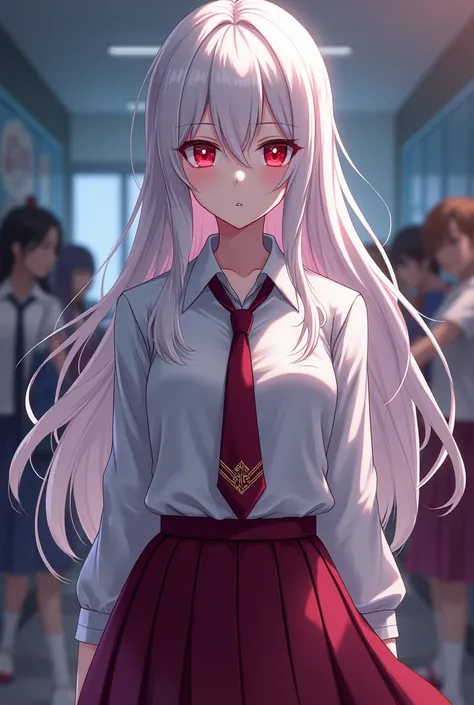 A WOMAN WITH WHITE HAIR AND DARK RED EYES ANIME HIGH SCHOOL CLOTHES