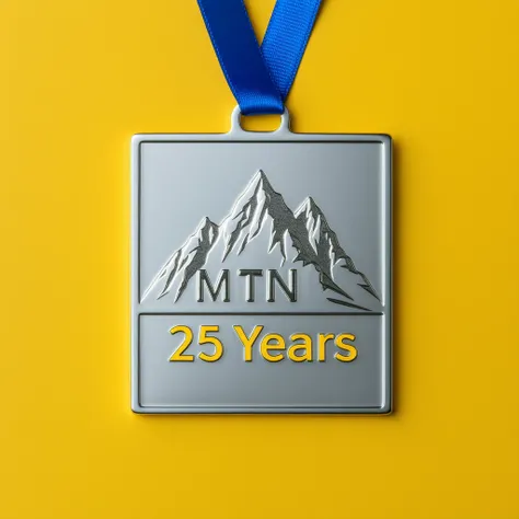 Elegant digital art featuring a refined MTN yellow color background with a refined silver-themed design  MTN logo is reimagined as a square sophisticated silver medal commemorating "25 Years." The medal showcases MTN logo with numbers from 1 to 25  and sof...