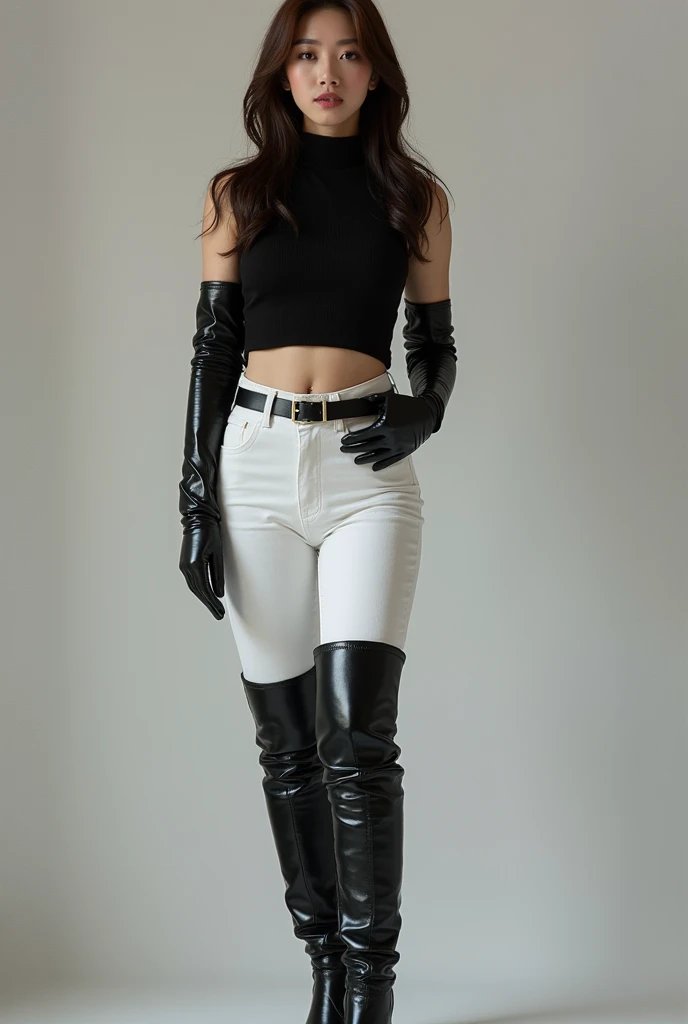 Korean woman wearing black leather thigh-high boots,   white pants,  good,  LONG GLOVES