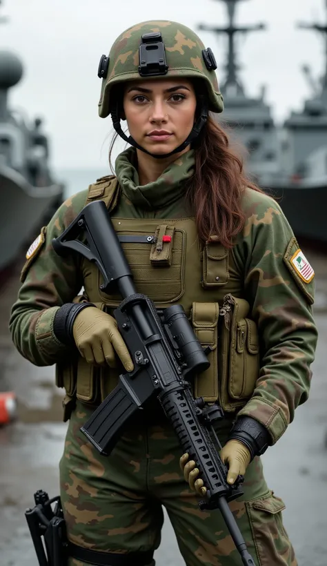 A beautiful 20-year-old Mexican special forces operative from the naval division stands facing forward with unwavering confidence. Her dark brown, wavy bob is neatly tied back beneath her tactical helmet, framing her striking, determined features. Her shar...