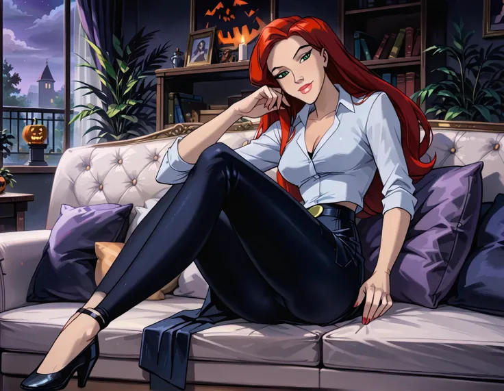 score_9, score_8_up, score_7_up, cinematic film still, solo, 1girl, very sexy  (Jean Grey, Evolution, long hair, red hair, green eyes, retro artstyle:1.3), (beautiful waifu, thicc, long legs:1.2), (wearing tight school girl uniform:1.4) cleavage, sexy look...