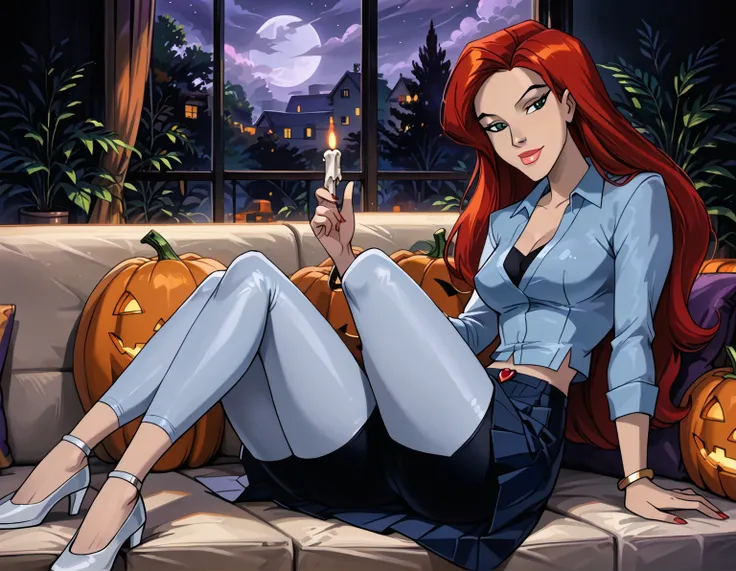 score_9, score_8_up, score_7_up, cinematic film still, solo, 1girl, very sexy  (Jean Grey, Evolution, long hair, red hair, green eyes, retro artstyle:1.3), (beautiful waifu, thicc, long legs:1.2), (wearing tight school girl uniform:1.4) cleavage, sexy look...