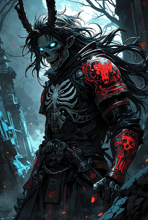 An (((anime skull samurai))), with flowing (((black and white long hair))), coming to life as it emerges from a ((grave)), clad in a sleek ((black uniform)), adorned with intricate ((red and white skull motifs)) that give off a (sorcerous glow). Its eyes a...