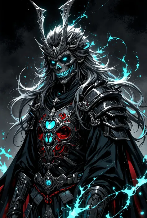 An (((anime skull samurai))), with flowing (((black and white long hair))), coming to life as it emerges from a ((grave)), clad in a sleek ((black uniform)), adorned with intricate ((red and white skull motifs)) that give off a (sorcerous glow). Its eyes a...