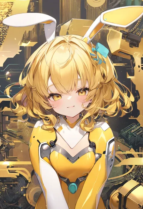 Mechanical Girl、metal rabbit ears 、 bunny girl style design、artificial skin、 robot 、smile、 wavy hair、 Gold、 curly short hair 、 cyber background 