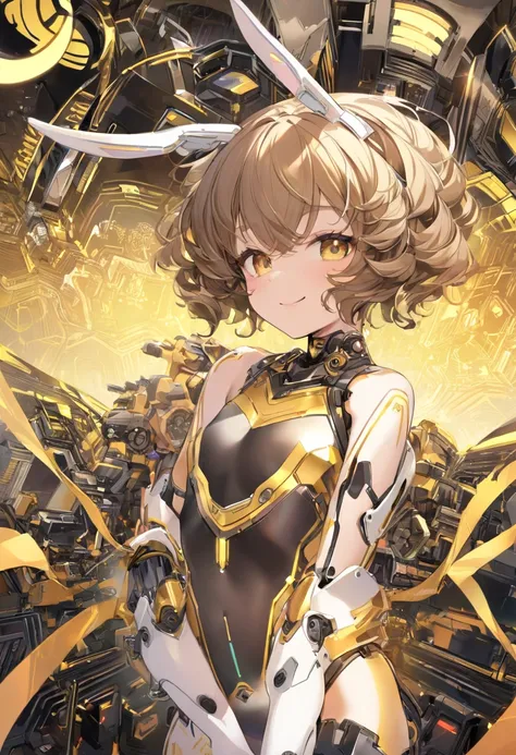 Mechanical Girl、metal rabbit ears 、 bunny girl style design、artificial skin、 robot 、smile、 wavy hair、 Gold、 curly short hair 、 cyber background 