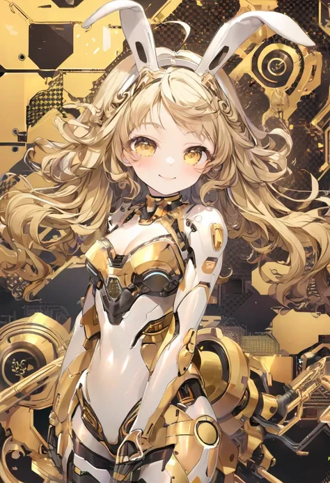 Mechanical Girl、metal rabbit ears 、 bunny girl style design、artificial skin、 robot 、smile、 wavy hair、 Gold、 curly short hair 、 cyber background 