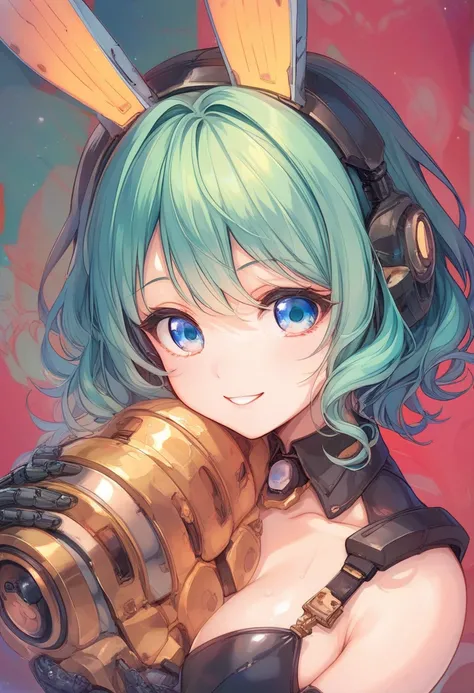 Mechanical Girl、metal rabbit ears 、 bunny girl style design、artificial skin、 robot 、smile、 wavy hair、 Gold、 curly short hair 、 cyber background 