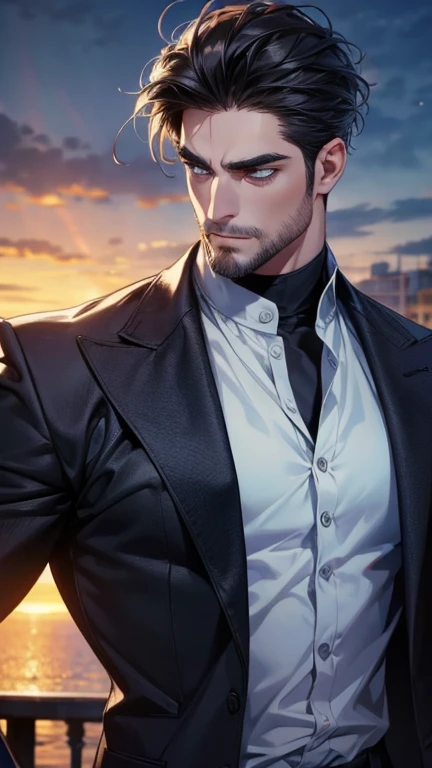 (  better quality,4K,8k, highres, masterpiece:1.2), ultra-detailed,(realistic,photorealistic,photo-realistic:1.37),36-year-old man,3 day beard,Cute anime ,Portraits,strong,Masculine, dark hair,sharp jaw,  mesmerizing eyes  , perfectly groomed hair , cool a...